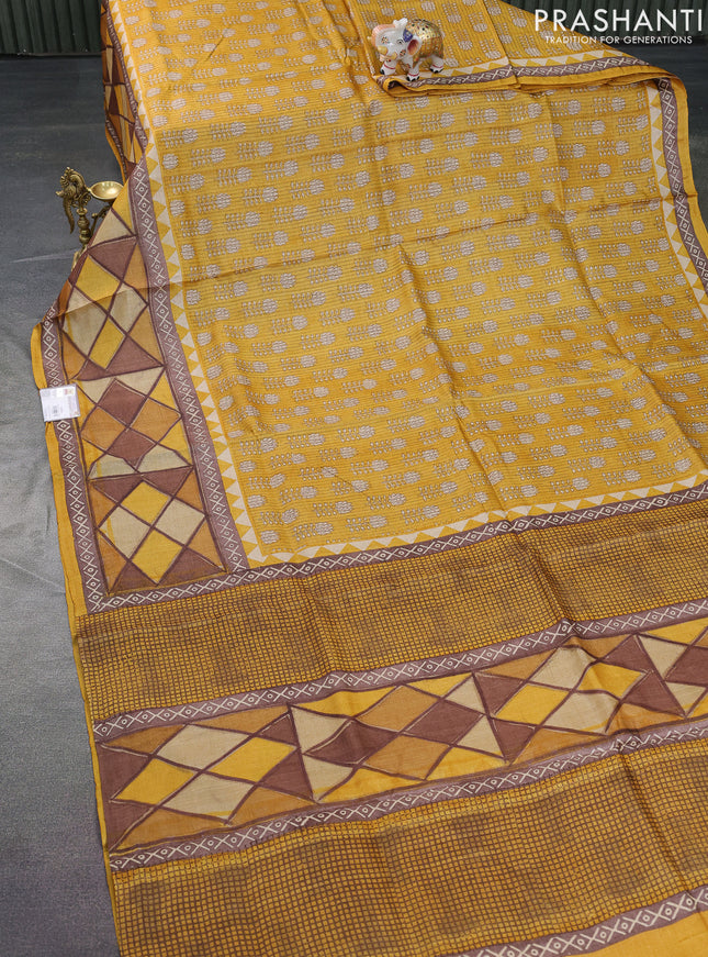 Pure tussar silk saree mustard yellow with butta prints and printed border