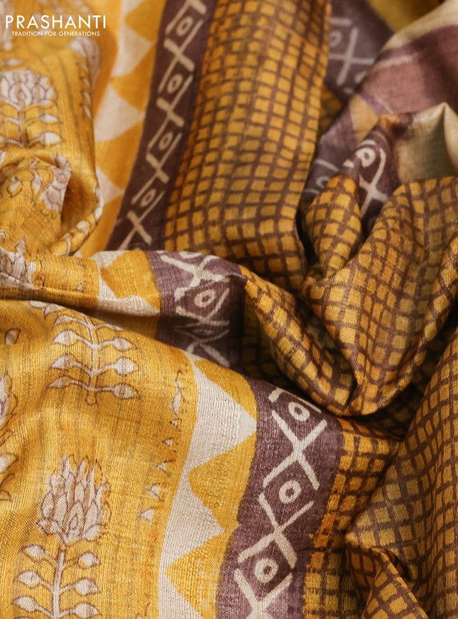 Pure tussar silk saree mustard yellow with butta prints and printed border