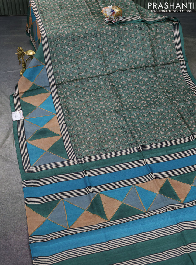 Pure tussar silk saree sap green and multi colour with butta prints and printed border