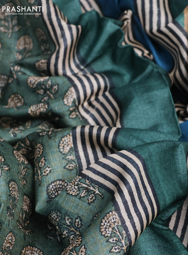 Pure tussar silk saree sap green and multi colour with butta prints and printed border