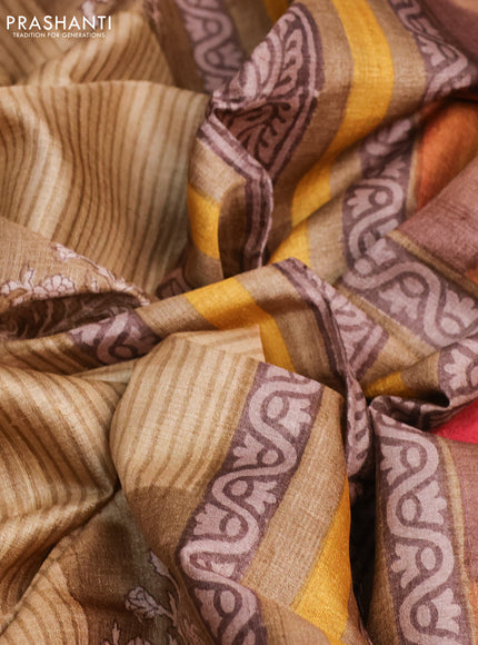 Pure tussar silk saree sandal and multi colour with butta prints and printed border