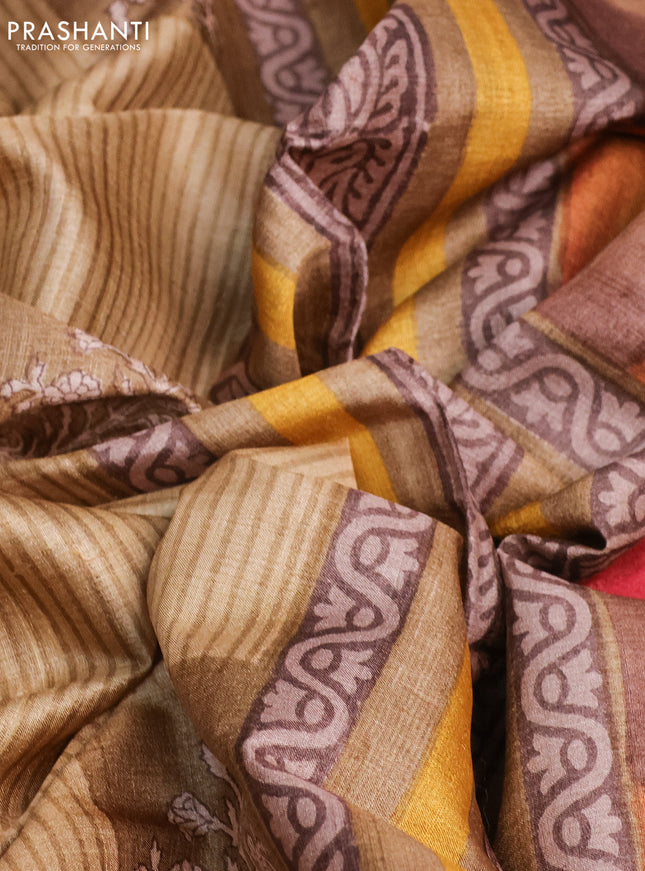 Pure tussar silk saree sandal and multi colour with butta prints and printed border