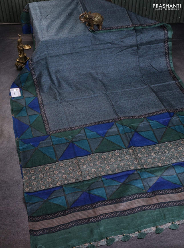Pure tussar silk saree grey and multi colour with allover prints and printed border