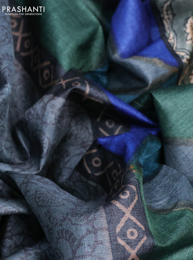 Pure tussar silk saree grey and multi colour with allover prints and printed border