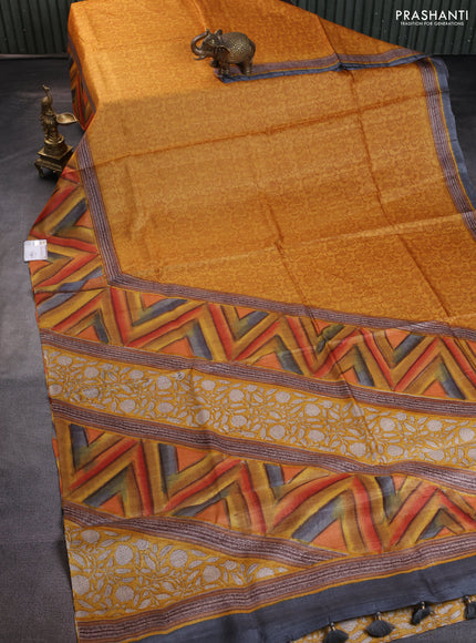 Pure tussar silk saree mustard yellow and multi colour with allover prints and printed border