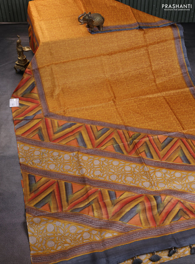 Pure tussar silk saree mustard yellow and multi colour with allover prints and printed border