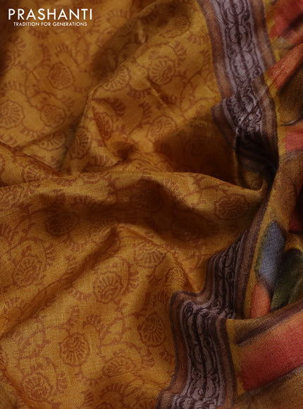 Pure tussar silk saree mustard yellow and multi colour with allover prints and printed border