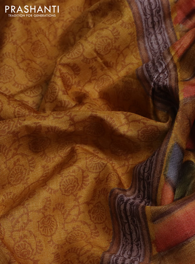 Pure tussar silk saree mustard yellow and multi colour with allover prints and printed border