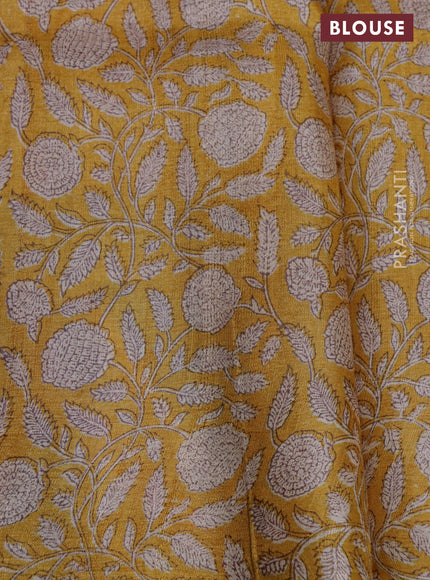 Pure tussar silk saree mustard yellow and multi colour with allover prints and printed border