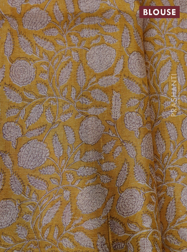 Pure tussar silk saree mustard yellow and multi colour with allover prints and printed border