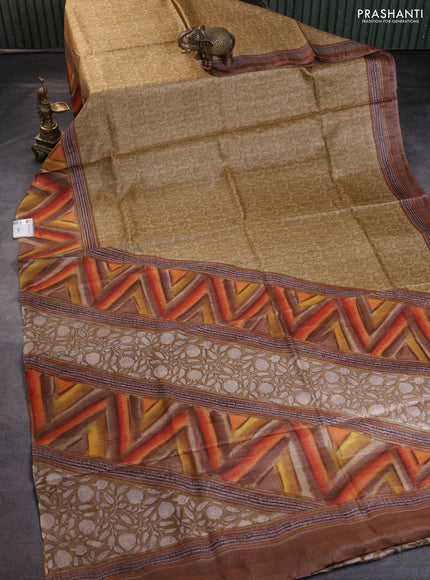 Pure tussar silk saree sandal and multi colour with allover prints and printed border