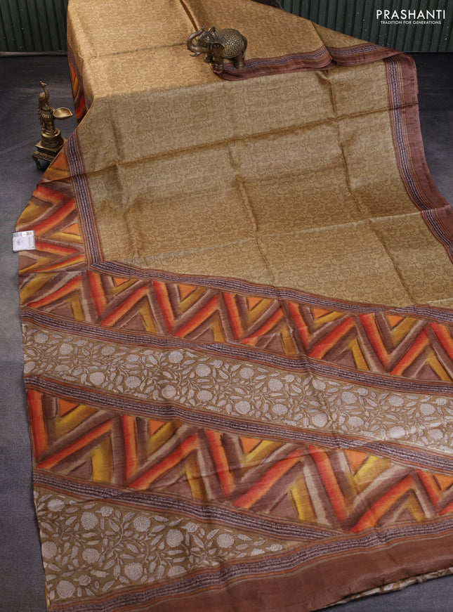 Pure tussar silk saree sandal and multi colour with allover prints and printed border
