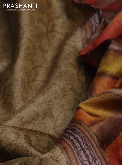 Pure tussar silk saree sandal and multi colour with allover prints and printed border