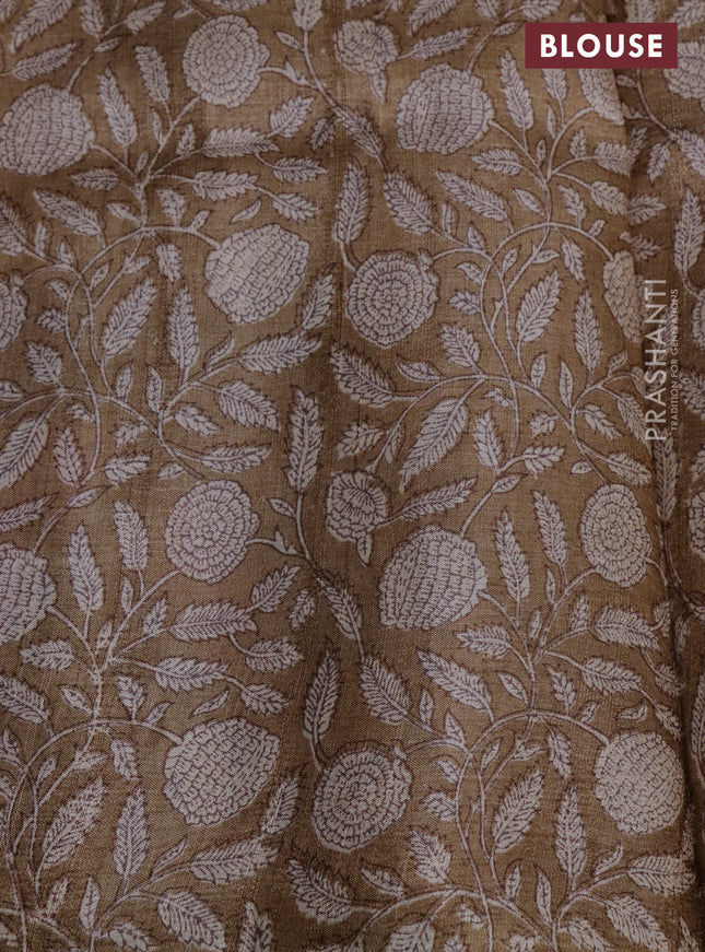 Pure tussar silk saree sandal and multi colour with allover prints and printed border