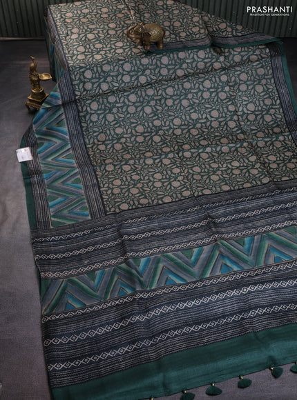 Pure tussar silk saree dark green with allover kalamkari prints and printed border