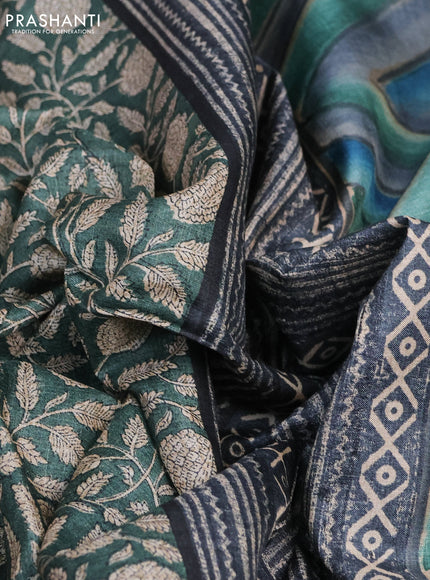 Pure tussar silk saree dark green with allover kalamkari prints and printed border