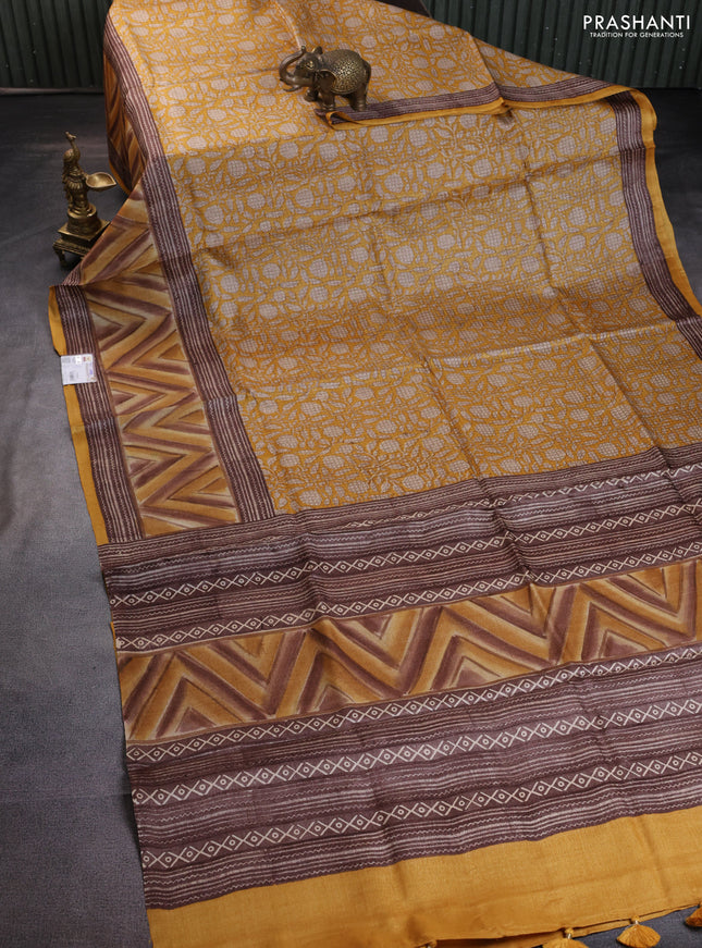 Pure tussar silk saree mustard yellow with allover kalamkari prints and printed border