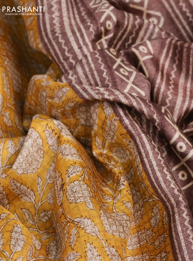 Pure tussar silk saree mustard yellow with allover kalamkari prints and printed border
