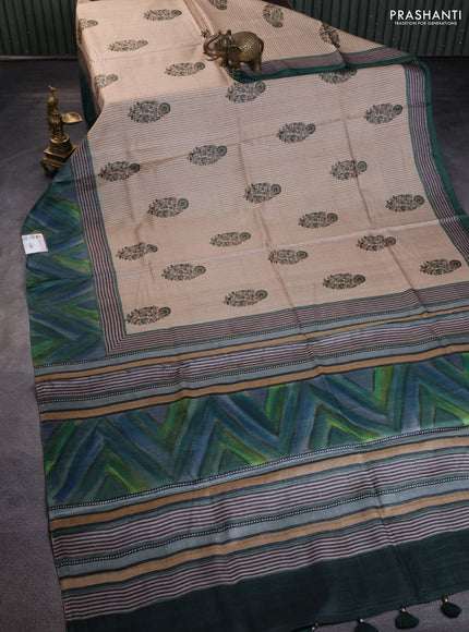 Pure tussar silk saree beige and multi colour with floral butta prints and printed border