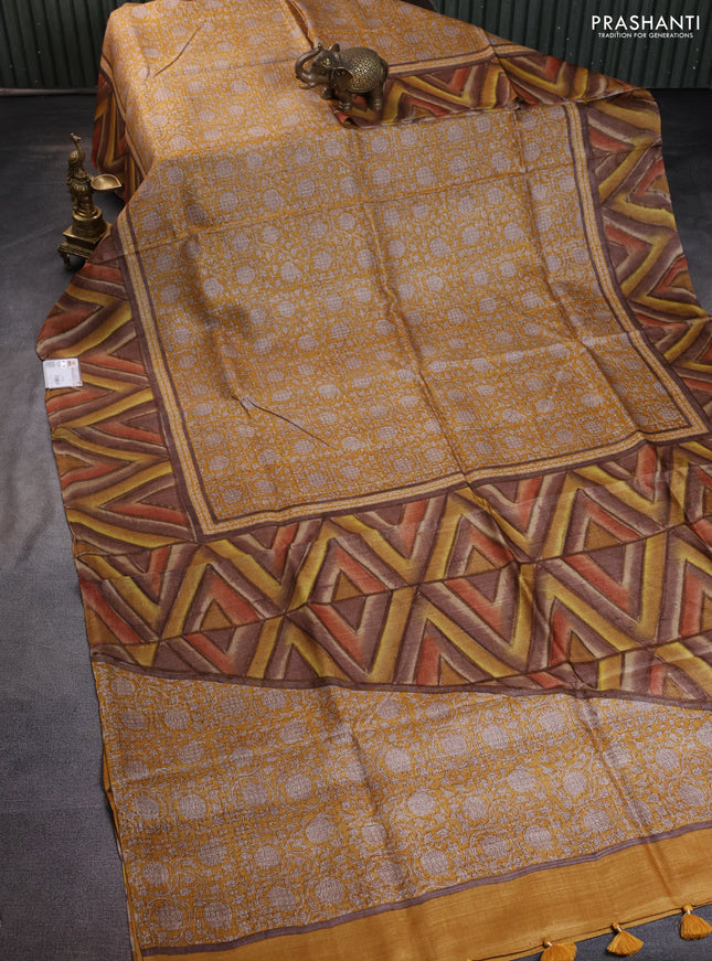 Pure tussar silk saree mustard yellow with allover kalamkari prints and printed border
