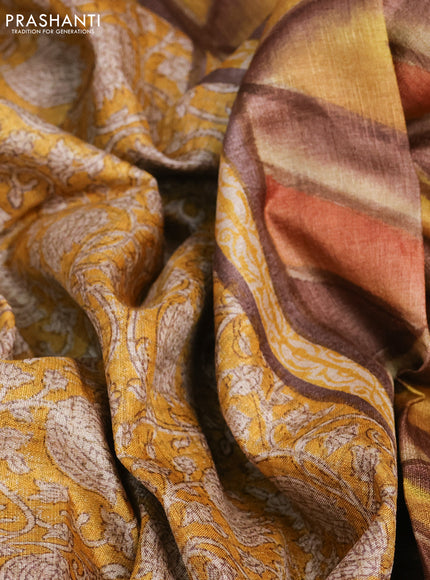 Pure tussar silk saree mustard yellow with allover kalamkari prints and printed border