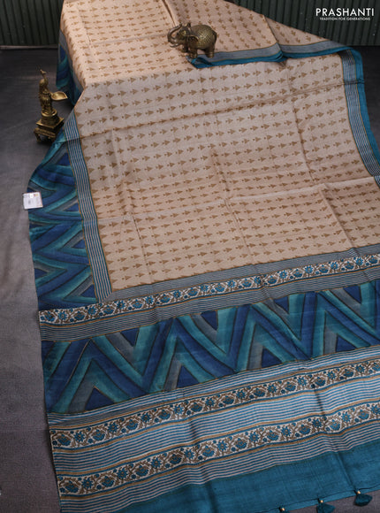 Pure tussar silk saree beige and multi colour with geometric prints and printed border