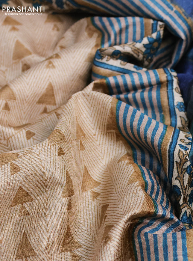 Pure tussar silk saree beige and multi colour with geometric prints and printed border