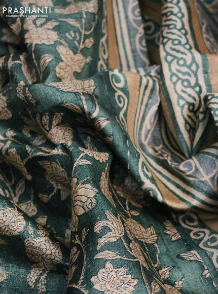 Pure tussar silk saree green shade with allover kalamkari prints and printed border