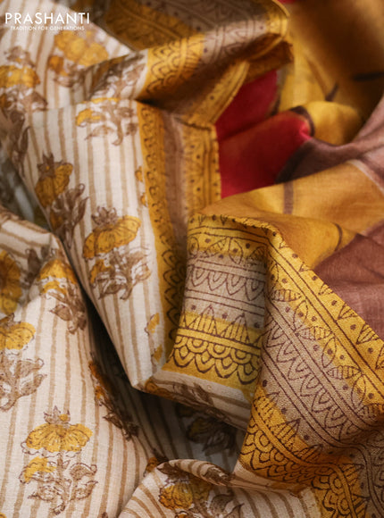 Pure tussar silk saree beige and multi colour with floral butta prints and printed border