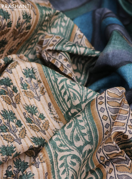 Pure tussar silk saree sandal and multi colour with floral butta prints and printed border