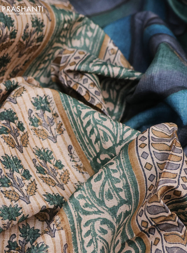 Pure tussar silk saree sandal and multi colour with floral butta prints and printed border