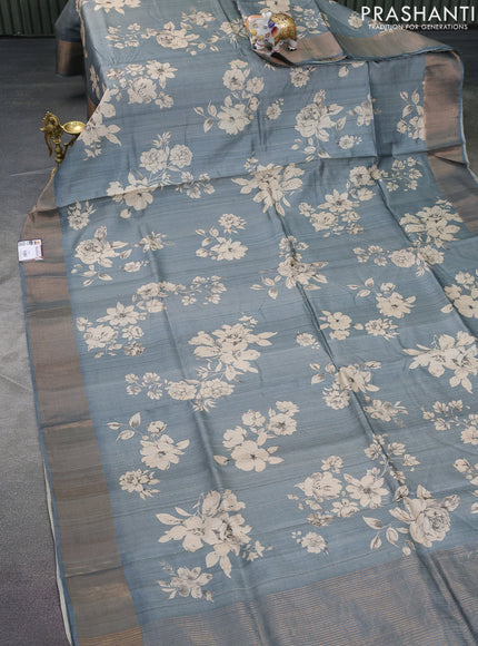 Pure tussar silk saree grey with floral digital prints and zari woven border