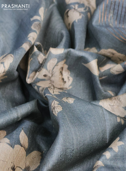 Pure tussar silk saree grey with floral digital prints and zari woven border