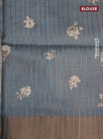 Pure tussar silk saree grey with floral digital prints and zari woven border
