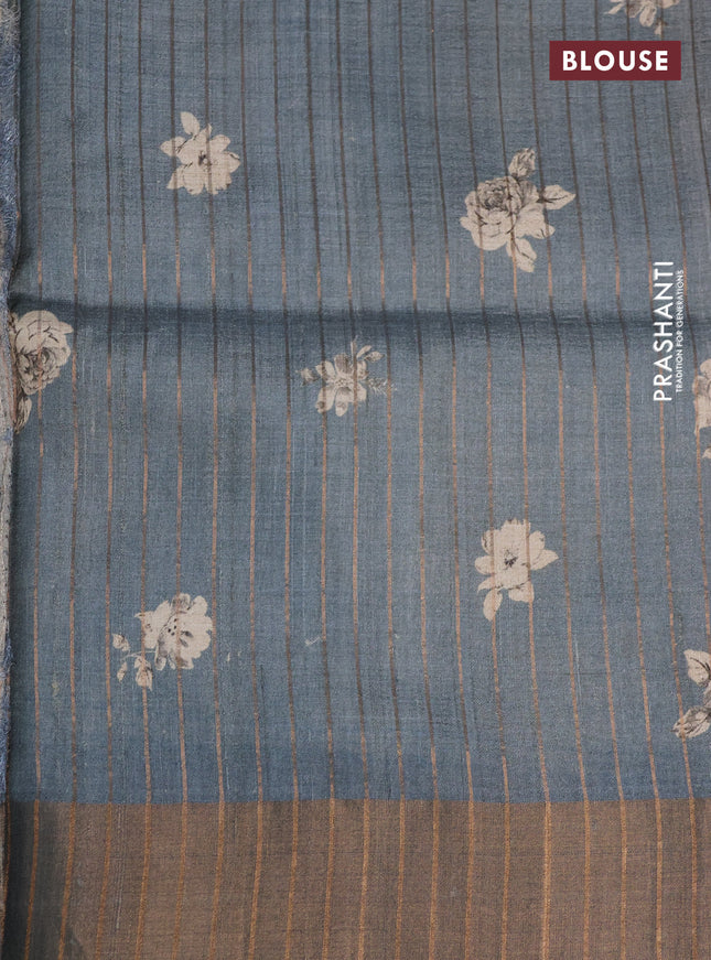 Pure tussar silk saree grey with floral digital prints and zari woven border