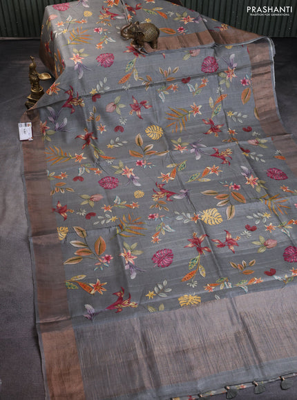 Pure tussar silk saree grey with floral digital prints and zari woven border