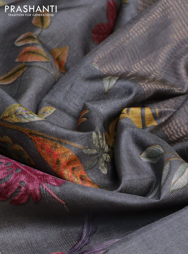 Pure tussar silk saree grey with floral digital prints and zari woven border