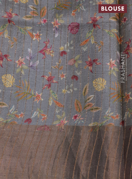 Pure tussar silk saree grey with floral digital prints and zari woven border