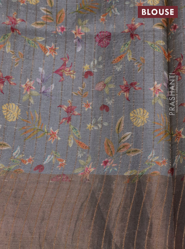 Pure tussar silk saree grey with floral digital prints and zari woven border