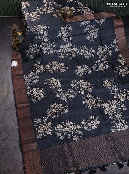 Pure tussar silk saree elephant grey with floral digital prints and zari woven border