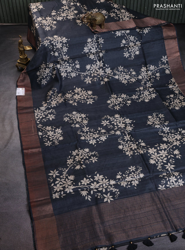 Pure tussar silk saree elephant grey with floral digital prints and zari woven border