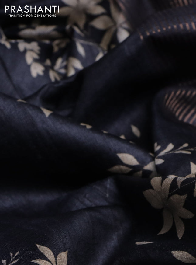 Pure tussar silk saree elephant grey with floral digital prints and zari woven border