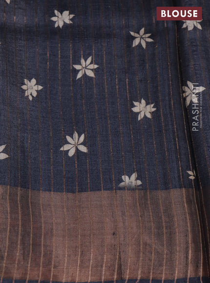 Pure tussar silk saree elephant grey with floral digital prints and zari woven border