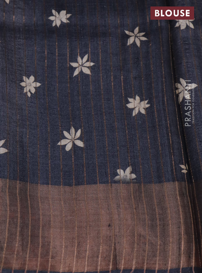 Pure tussar silk saree elephant grey with floral digital prints and zari woven border