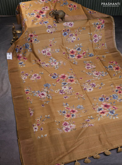 Pure tussar silk saree sandal with floral digital prints and zari woven border