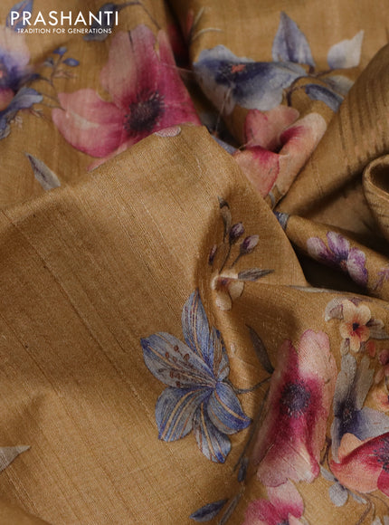 Pure tussar silk saree sandal with floral digital prints and zari woven border