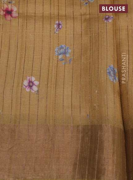 Pure tussar silk saree sandal with floral digital prints and zari woven border
