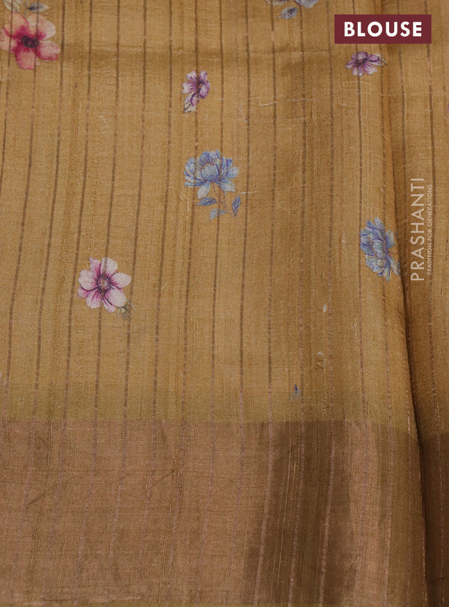 Pure tussar silk saree sandal with floral digital prints and zari woven border