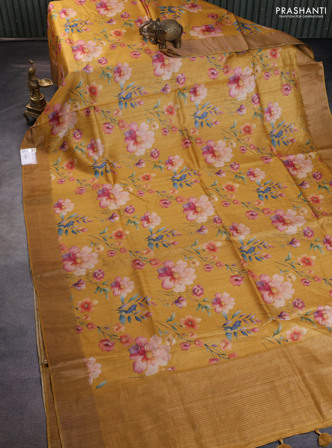 Pure tussar silk saree mustard yellow with floral digital prints and zari woven border
