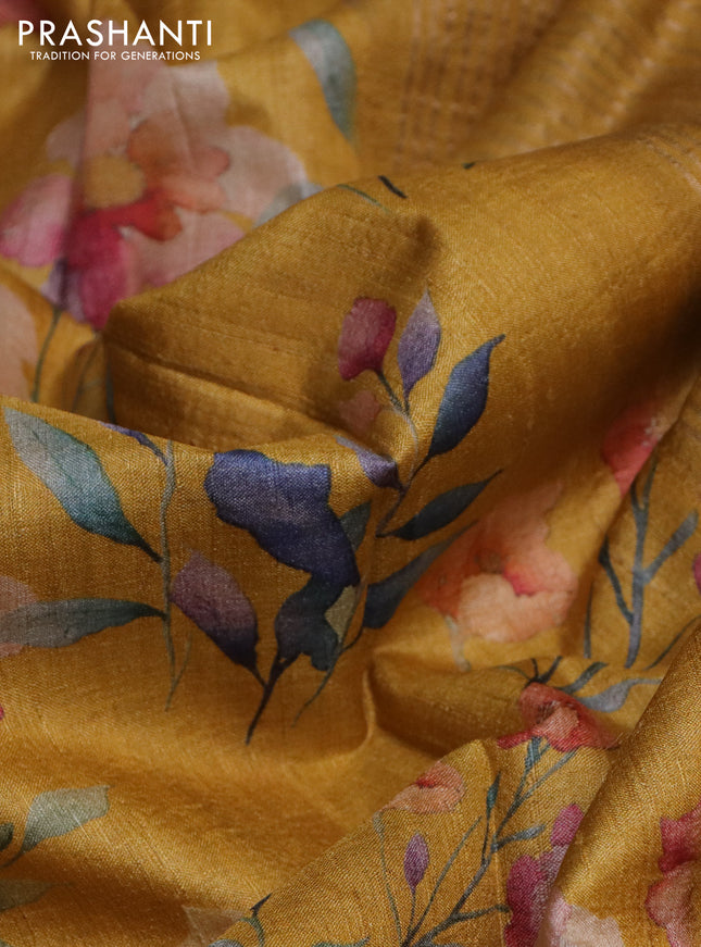 Pure tussar silk saree mustard yellow with floral digital prints and zari woven border